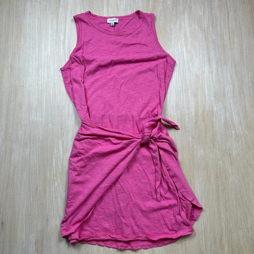 EVEREVE Greta Hot Pink Cotton Slub Tie Waist Wrap Coastal Casual Mini Dress M